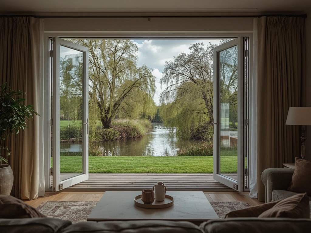 Zicht vanuit woonkamer door nieuwe kunststof tuindeuren naar tuin met fruitbomen in Tiel