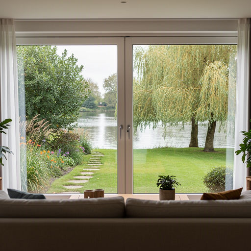 Uitzicht vanuit de woonkamer door nieuwe kunststof tuindeuren op een Culemborgse binnentuin