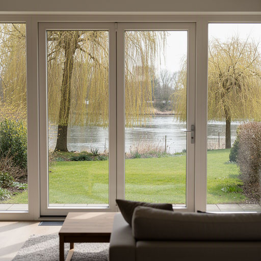 Zicht vanuit woonkamer door kunststof tuindeuren naar tuin met wilgen in West Maas en Waal