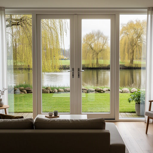 Zicht vanuit woonkamer door kunststof tuindeuren naar tuin met knotwilgen in Maasdriel