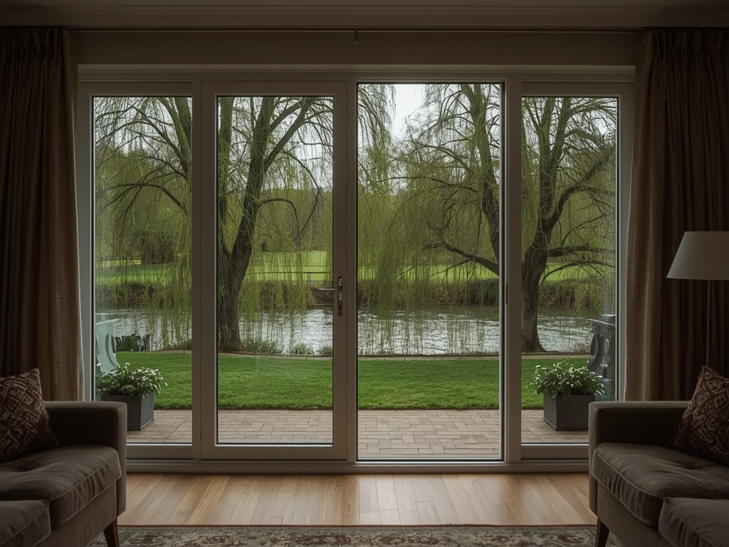 Kijkje vanuit de woonkamer door kunststof tuindeuren naar een groene tuin in Beuningen