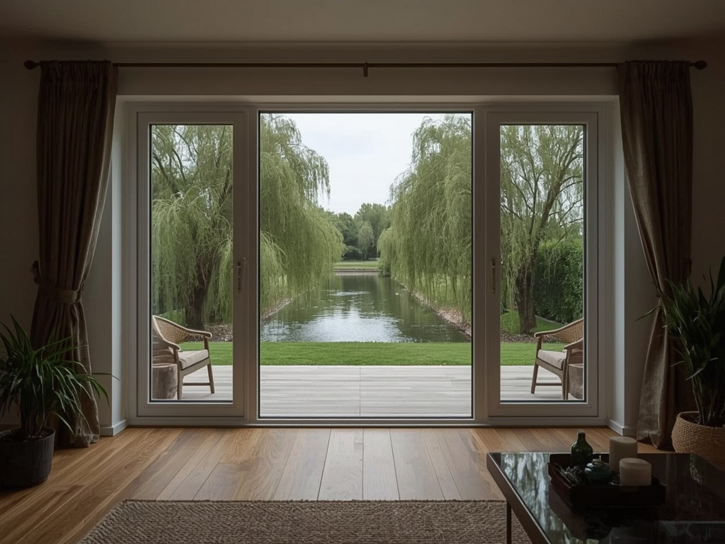Zicht vanuit woonkamer door kunststof tuindeuren naar tuin met fruitbomen in Buren