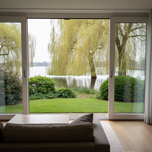 Zicht vanuit de woonkamer door kunststof tuindeuren naar een groene tuin in Nijmegen-Oost