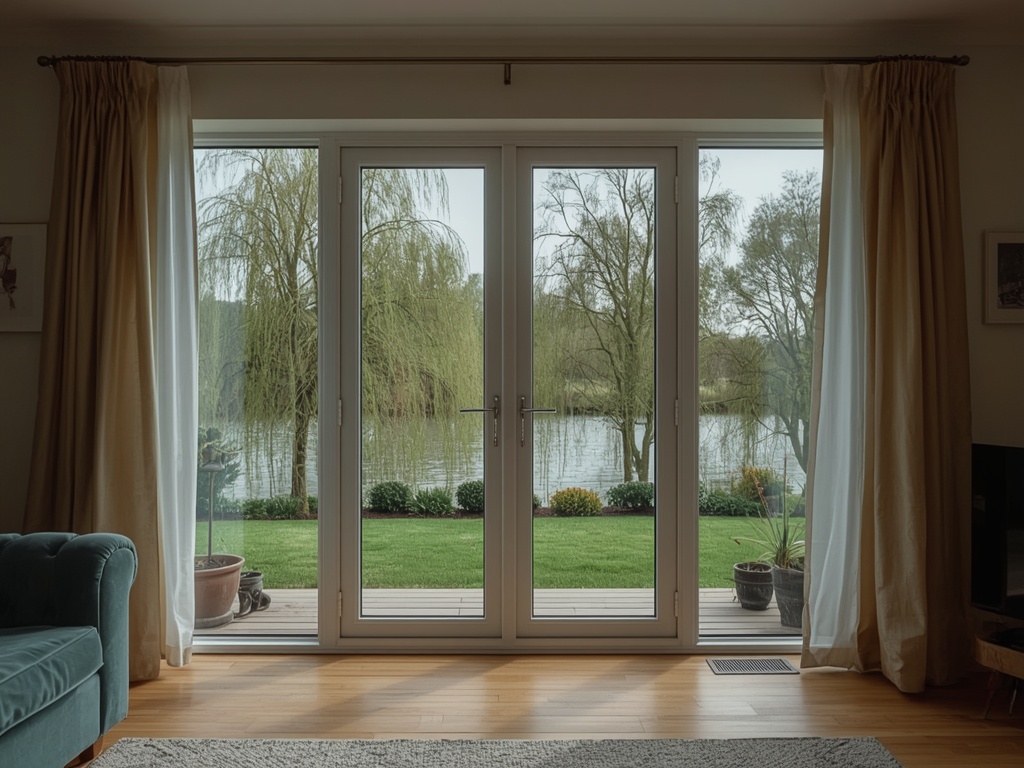 Zicht vanuit woonkamer door kunststof tuindeuren naar tuin met fruitbomen in Zaltbommel