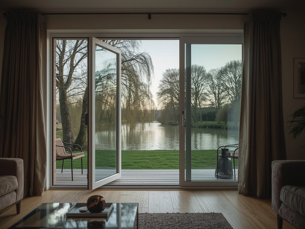 Zicht vanuit woonkamer door kunststof tuindeuren naar tuin met knotwilgen in Neerijnen
