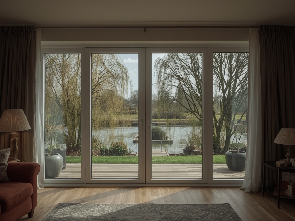 Zicht vanuit woonkamer door kunststof tuindeuren naar tuin met populieren in Wijchen