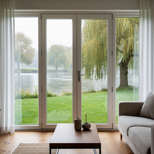 Zicht vanuit woonkamer door kunststof tuindeuren naar tuin met wilgen in Druten